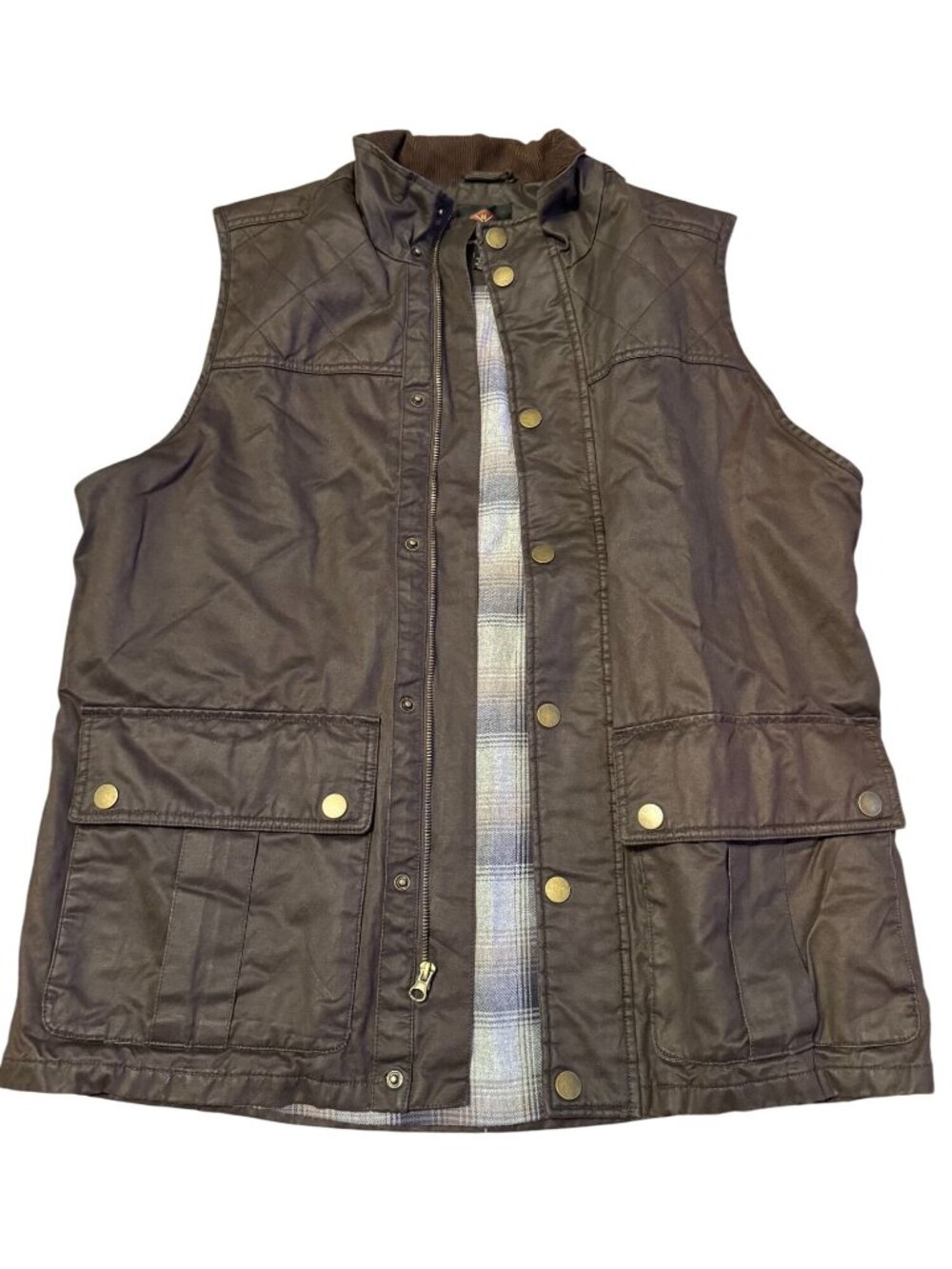 Mountain & Isles Mens Brown Quilted Utility Vest W/ Snap Pockets & Plaid Lining